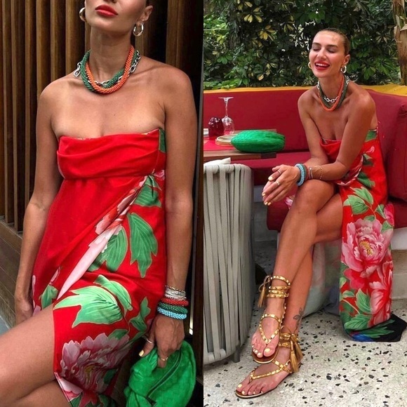 Zara Dresses & Skirts - Zara Red and Floral Satin Effect Dress  3604/250